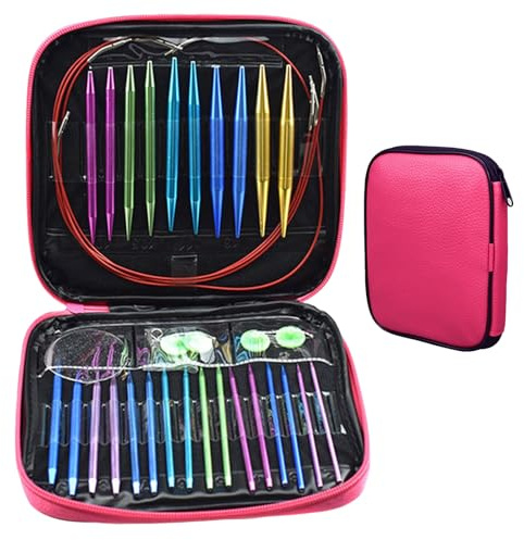 Austauschbares Rundstricknadeln Set, 13 Paar 3mm-10mm Stricknadeln, mit Etui und Zubehör, für Anfänger und Erwachsene, Rote Beschichtung