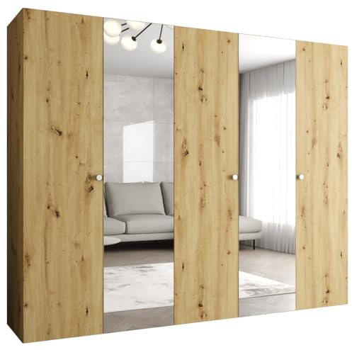 MEBLE KRYSPOL - Kleiderschrank - Garderobenschrank - 250 cm x 202 x 52 cm - Schrank mit Kleiderstange und Spiegel, 5 Türen - für Schlafzimmer, Flur - Parma, Artisan-Eiche, Griff Silber