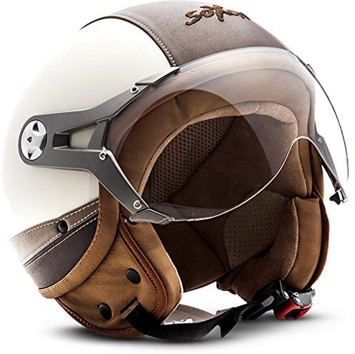 Soxon® SP-325 Urban „Creme“ · Jet-Helm · Motorrad-Helm Roller-Helm Scooter-Helm Moped Mofa-Helm Chopper Retro Vespa Vintage Pilot · ECE 22.05 Visier Leather-Design Schnellverschluss Tasche S (55-56cm)