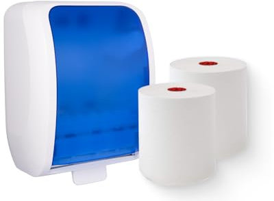 Blanc HYGIENIC Set: Handtuchrollenspender Autocut, Blanc Cosmos 2 Handtuchrollen Premium TAD - PRODUKTSET Farbe Blau/Weiß