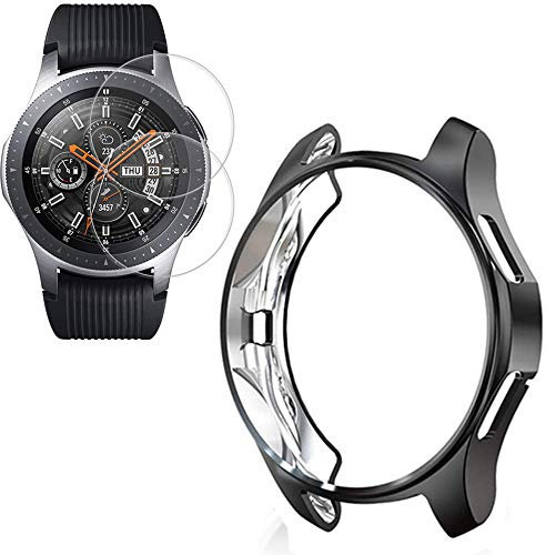 Miimall Kompatibel mit Samsung Galaxy Watch 46mm/Gear S3 Hülle mit Schutzfolie Glas, Ultradünne Weiche TPU Kratzfest Stoßfest Schutzhülle Bumper Case für Galaxy Watch 46mm/Gear S3 - Schwarz