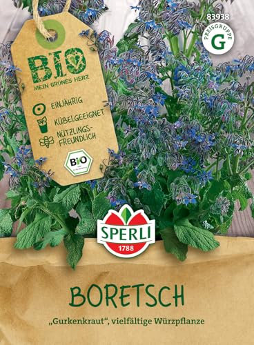 Sperli BIO Boretschsamen 83938 - BIO - einjährig - Kübelgeeignet - Nützlingsfreundlich - vielfältige Würzpflanze - Gurkenkraut - Saatgut, Kräutersamen