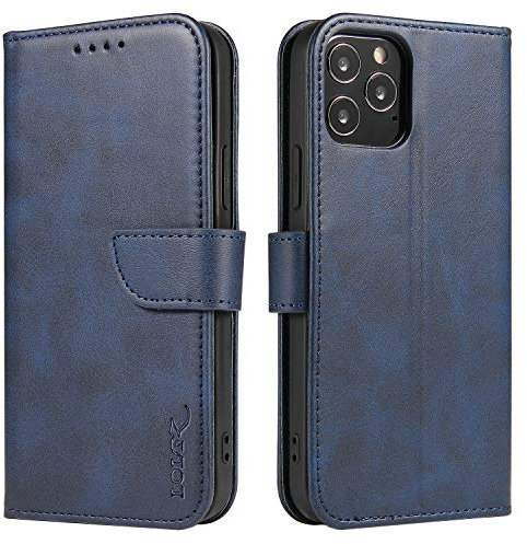 LOLFZ Wallet Case for iPhone 12 Pro Max, Vintage Leather Book Case with Card Holder Kickstand Magnetic Closure Flip Case Cover for iPhone 12 Pro Max 6.7 inch - Blue