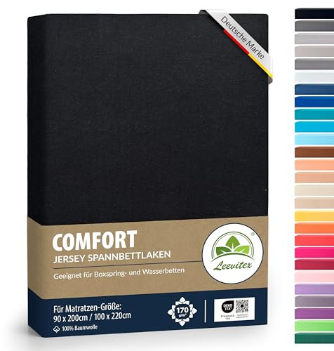 leevitex® Premium Spannbettlaken 90x200-100x220 cm - 40 cm Steg - auch für Boxspringbett & Wasserbett | 100% Mako-Jersey-Baumwolle | ÖKO-TEX | 170g/m² | Schwarz