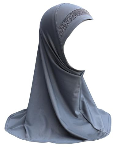 Yaqeen Mädchen Kopftuch Hijab Al Amira mit Glitzerbordüre – Einteilig, stretchiges Lycra, bequem, islamisch, ideal für Schule, Ramadan, Eid, grau