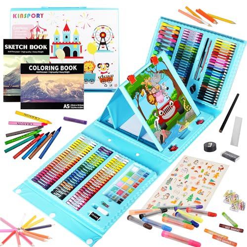 KINSPORY 290 piezas Maletin Pinturas para Niños, Juegos de Dibujo, Pinturas para Niños, Acuarelas Niños, Lapices de Dibujo, Caballete Pintura