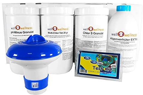 Well2Wellness Pool Wasserpflege Set | CLEWA Premium 6in1 Komplettset | Set für Pool Pflege und Schwimmbäder | Einfache Anwendung | Pool Zubehör | Reinigung-Set