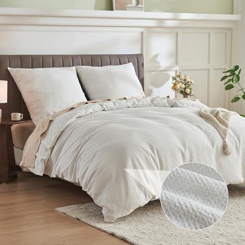 Simple&Opulence Bettwäsche 220x240 Baumwolle 3 Teilig,Waffelmuster Sommer Bettwäsche-Sets mit 80x80 cm Kissenbezug,ÖkoTex Zertifiziert Bettbezug Set,Weiß