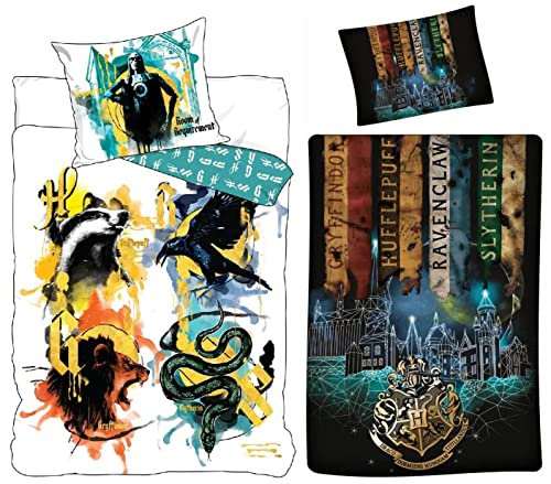Harry Potter Hogwarts - 2 x Bettwäsche-Set mit Wendemotiv 135x200 80x80 Baumwolle Slytherin