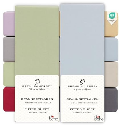 DarBene Spannbettlaken 140x200 Premium 2er Set Color-Mix, Jersey 100% gekämmte Premium Baumwolle, Blickdicht, superweiches Bettlaken bis 30 cm Matratzenhöhe, Oeko-TEX, Apfelgrün & Hellblau