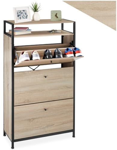 tectake® Industrial Schuhschrank mit 3 Klappen, 130 x 61 x 32 cm, Schuhregal Holz + Metall, Kommode mit 3 Fächern, Sideboard für Schuhe, Schuhkipper, Garderobe (Industrial Holz hell, Eiche Sonoma)