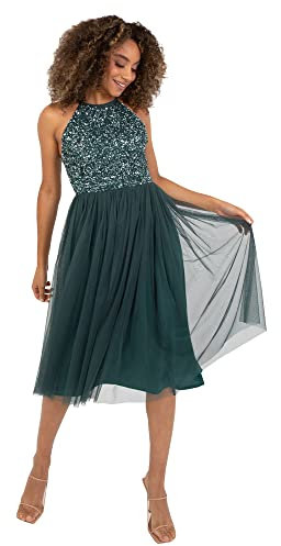 Maya Deluxe Damen Maya Deluxe Women's Midi Dress With Halter Neck Tulle for Evening Graduation Prom Wedding Bridesmaid Brautjungfernkleid, Emerald Green, 38 EU