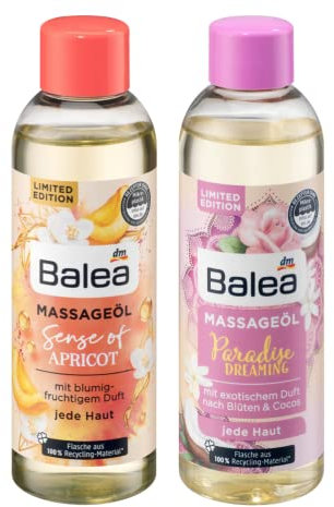 Balea 2er-Set Massageöl: SENSE OF APRICOT blumig-fruchtiger Duft mit Mandel- und Traubenkernöl (100 ml) + PARADISE DREAMING Öl mit exotischem Duft nach Blüten & Cocos (100 ml), 200 ml