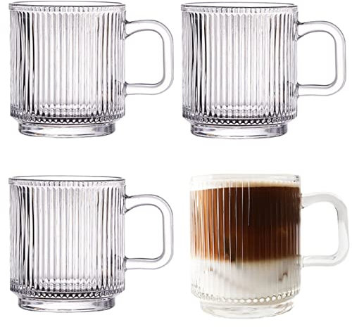 Latte Macchiato Gläser Mit Henkel Und Holzdeckel, 4er Set 340ML Kaffeeglas Teegläser Vertikale Streifen Design Gläser, Borosilikatglas Kaffeetassen Glas Für Cappuccino, Tee, Milch, Bier, Getränke