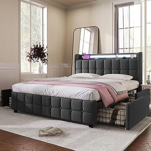 Merax Polsterbett 140x200 cm mit LED-Beleuchtung und Aufladen USB, Doppelbett Bettgestell mit Lattenrost und Stauraum Kopfteil, Bett mit 4 Schubladen, Leinenmaterial, Jugendbett, ohne Matratze, Grau