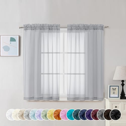 Chyhomenyc Tende velate grigie lunghe 114 cm, 2 pannelli, con tasca per asta filtrante della luce, in voile, tende corte per soggiorno, camera da letto, finestre piccole, 106 x 114 cm