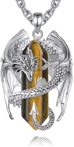 INFUSEU Drachen Kette, Kristall Halskette Nordischer Drache Eingewickelt Zylinder Edelstein Vintage Tigerit Anhänger Heilkristall Gothic Natürlicher Kristallschmuck Geschenk für Männer Frauen