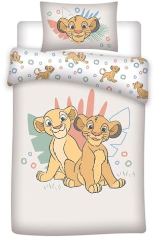 Lion King Bedding Set, Junior or Baby Bed, Duvet Cover 100 x 140 cm + Pillowcase 40 x 60 cm, 100% Cotton