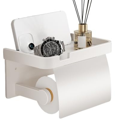 Toilet Paper Holder with Lid, No Drilling, Aluminium Alloy Paper Holder with Shelf, Self-Adhesive Toilet Paper Holder, Wall Mounted Toilet Roll Holder for Kitchen and Bathroom (Weiß)