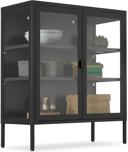 tectake® Metallvitrine mit 2 Türen, 80 x 37 x 90,5 cm, 3 Seiten verglast | Magnetverschluss, verstellbare Zwischenböden, höhenverstellbare Füße, pulverbeschichtet, Kippschutz, Deko, Bücher, schwarz
