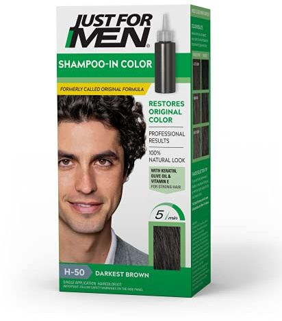 Just For Men Shampoo-In Color (Formerly Original Formula), Mens Hair Color with Keratin and Vitamin E for Stronger Hair - Darkest Brown, H-50, Pack of 1