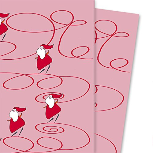 Fröhliches Weihnachtspapier/Weihnachts Geschenkpapier mit Schlittschuh fahrendem Weihnachtsmann/Nikolaus, rosa (4 Bögen, 32 x 48 cm) Dekor-Papier zum Einpacken, tolle Geschenk Verpackung