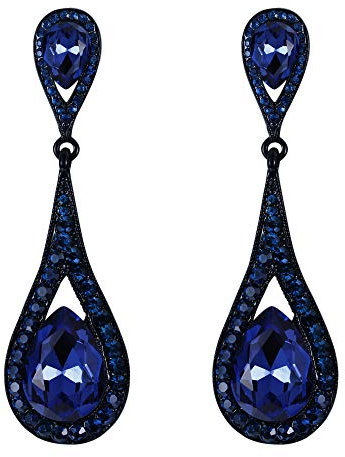 EVER FAITH Damen Österreich Kristall Hochzeit Elegant 2 Teardrop Durchbohrte Ohrringe Blau Schwarz-Ton