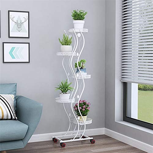 GYAO Pflanzenständer Blumenrahmen Schmiedeeisen Weiß Lila 5 Schicht Bewegliche Push-Pull Riemenscheibe Sparen Sie Platz Blumenständer Balkon Wohnzimmer Boden Grün Blumentopf Rack