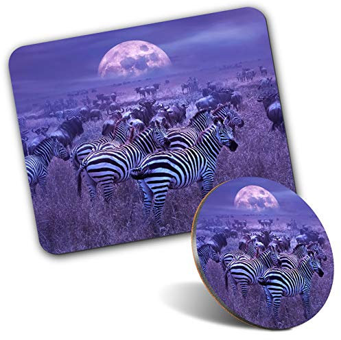 Rectangle Mouse Mat & Round Coaster Set - Wild Zebra Herd Africa Safari Animals 20 cm & 9 cm for Computer & Laptop, Office, Gift, Non-slip Base #24464