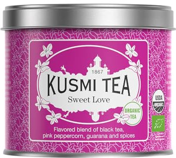 Kusmi Tea - Sweet Love Bio - Mélange Aromatisé de Thé Noir Biologique, Poivre Rose, Guarana & Épices - Fabriqué en France - Boîte Thé Métal 100g - Quantité pour environ 50 Tasses