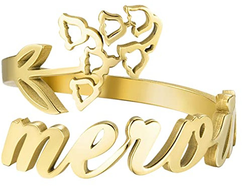 JewelryWe Schmuck Namensring Damen Personalisiert Ring mit Namen Edelstahl Mai Lilie Geburtsblume Geburtsmonat Blumenring Offen Verstellbar Gold Geburtstag Geschenk für Frauen Mädchen