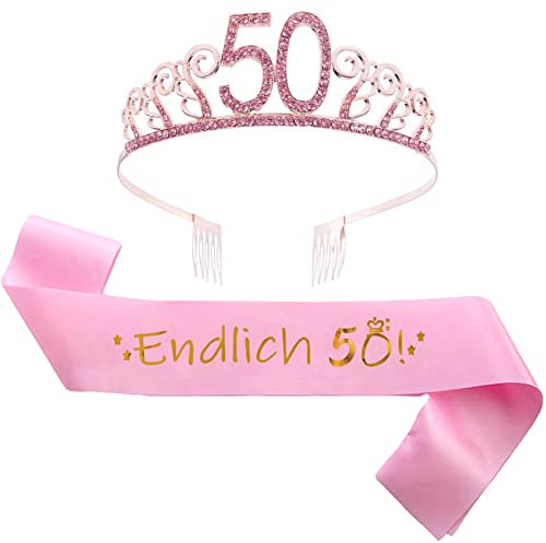 jenich 2er Set 50. Geburtstag Schärpe und Tiara Rosa Geburtstag Schärpe Geburtstag Krone 50 Geburtstagskrone Prinzessin Kristall Krone Schärpe für Frauen 50. Geburtstag Geschenke Partyzubehör