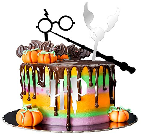 Gyufise 4Pc Acrylic Wizard Happy Birthday Cake Topper Kits Harry P Inspired Cake Pick Decorations for Wizard Theme Birthday Party Supplies