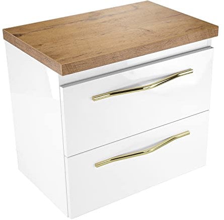 paplinskimoebel - Waschbeckenunterschrank mit Aufsatz 60 cm Breit Girona, Badezimmerschrank mit Aufsatz, Unterschrank für Aufsatzwaschbecken, Waschtischunterschrank Hochglanz - Weiß/Eiche