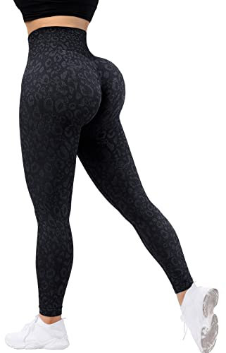 RXRXCOCO High Waist Sport Leggings Damen Lang Blickdicht Push Up Sporthose Scrunch Booty Gym Laufhose #9 Schwarz Leopardenmuster(S)