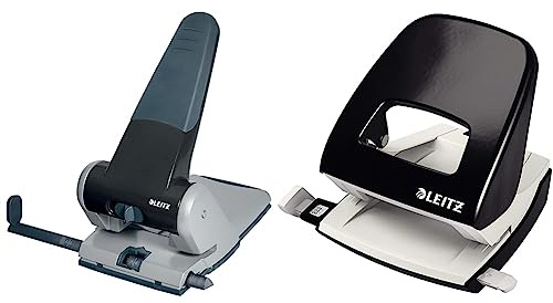 Leitz Extrastarker Registraturlocher aus Metall, Für 65 Blatt, schwarz, 51800095 & Büro Locher aus Metall, Für 30 Blatt, Anschlagschiene mit Formatangaben, Die Nummer 1 am Markt, schwarz