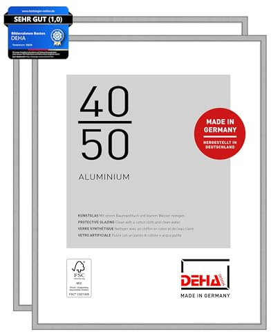 DEHA Design Bilderrahmen, 40 x 50 cm (2er Set), Aluminium, Silber matt, Posterrahmen zum Aufhängen im Hoch- & Querformat, bruchsicheres Kunstglas, Boston