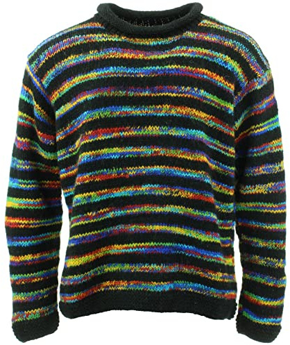LoudElephant Maglione lavorato a maglia di lana grossa Space Dye Stripes Modello arcobaleno retrò maglione lavorato a maglia 100% sciolto oversize caldo, Stripe Nero Arcobaleno Sd, 4X-Large