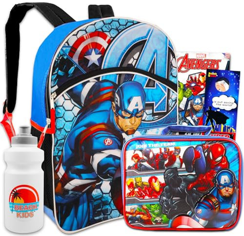 Marvel Mochila y lonchera del Capitán América para niños, paquete con mochila del Capitán América de 16 pulgadas, lonchera de los Vengadores, tatuajes y más | Bolsa escolar Avenger