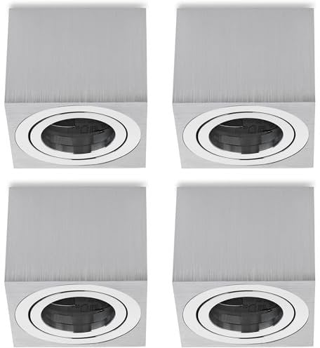 Sweet Led 4x Deckenspots Aufputz flach 50mm Aluminium Aufbauspots schwenkbar 80x80mm 230V Aufbaustrahler - alu gebürstet, eckig