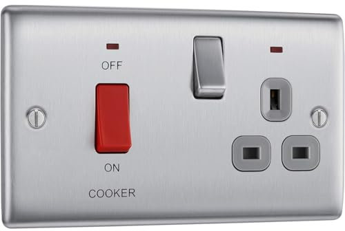 AMK® BG Switched Cooker Control Unit Brushed Steel 45 Amp & Switched Power Outlet Plug With Indicator Lights
