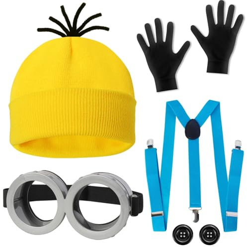 YushengTai 5 Stück Karneval Kostüm Set für Cosplay, Film Kostüm mit Steampunk Brille Gelbe Mütze Schwarze Handschuhe, Karneval Kostüm Set Cosplay Gelbe Filmfiguren für Erwachsene Kinder