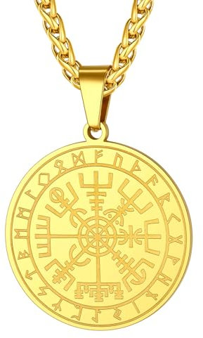 ChainsHouse Kompass Kette Vergoldet Damen Kompass Talisman Anhänger für Frauen Edelstahl Halskette mit Kompass-Runen-Anhänger Amulett Münz Kettenanhänger Wikinger Modeschmuck für Ehefrau Muttertag