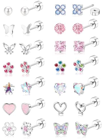 MILACOLATO 14 Pares de Pendientes Bonitos para Mujeres y Niñas | Acero Inoxidable Multicolor Corazón Flor Mariposa Pentagrama Pendientes de Botón Pendiente de Botón