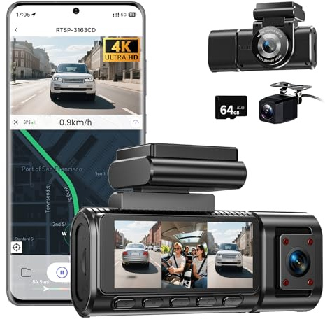 4K Dashcam Auto Vorne Hinten mit WiFi,3 Channel 1080P Dash Cam Auto Kamera 3,16 IPS Bildschirm,Kostenlose 64 GB Karte,Nachtsicht,G Sensor,Loop-Aufnahme,200°Weitwinkel WDR,Parküberwachung