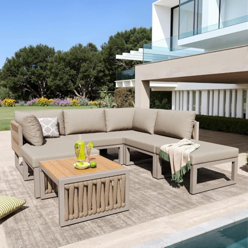 Wyibwy Juego de muebles de jardín con cojines de asiento y respaldo de alta calidad, tumbona de jardín para 6 personas, tumbona doble para tomar el sol, reclinación del respaldo ajustable