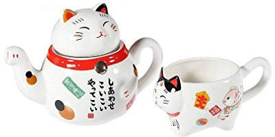 lachineuse Maneki Neko - Juego de té japonés con tetera y taza de porcelana - Tetera con filtro infusor - Idea de regalo de Japón gato Kawaii lindo para cumpleaños, Navidad, vajilla asiática