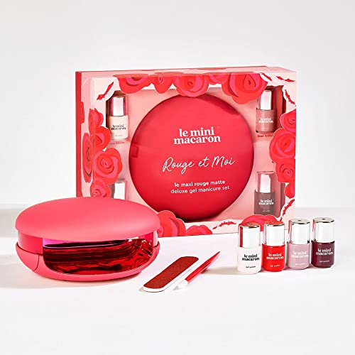 Le Mini Macaron DIY Deluxe Gel Manicure Kit | LED Nail Dryer Lamp, 4 Mini Gel Polish Bottles, Cuticle Stick, Nail File, & 20 Remover Wraps, Rouge & Moi
