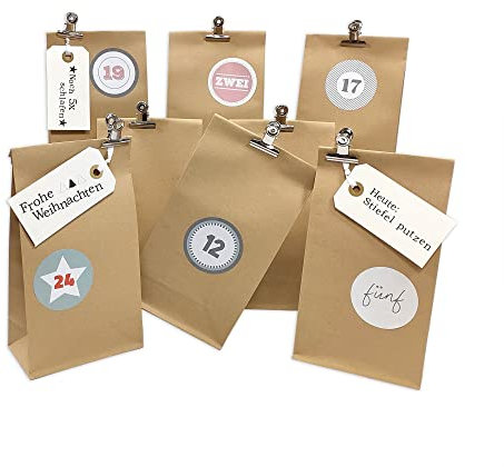 Frau WUNDERVoll® DIY Adventskalender zum Befüllen Weihnachtszeit, Blockbodenbeutel 12(L) x7(B) x24(H) cm natur/vintage/Kraftpapier, Ziffern pastell/Weihnachten, Papiertüten, Kinder, Aufkleber