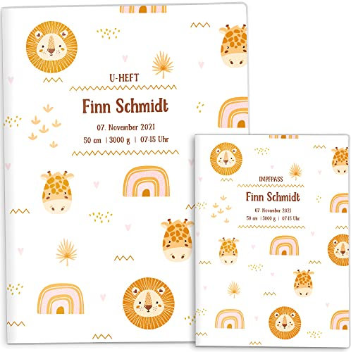 OLGS U-Heft und Impfpasshüllen Set Awesome World | Untersuchungsheft & Impfpass Hüllen, Babygeschenk personalisierbar mit Namen und Geburtsdatum - Uhefthülle, Impfpasshülle personalisiert, Lazy Lion